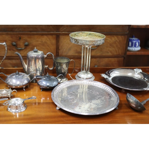 213 - Quantity of silver plate items including a water jug, cream jug, tazza, coffee pot, cream and sugar,... 