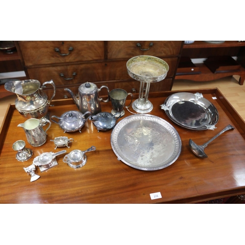 213 - Quantity of silver plate items including a water jug, cream jug, tazza, coffee pot, cream and sugar,... 