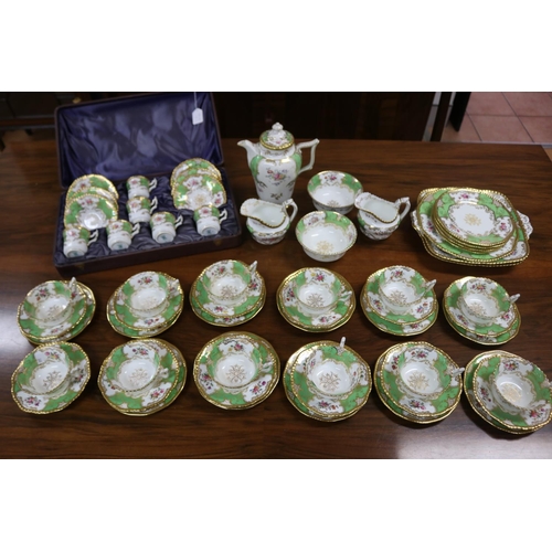 234 - Coalport afternoon coffee service decorated in apple green and gold with flower sprays comprising cu... 