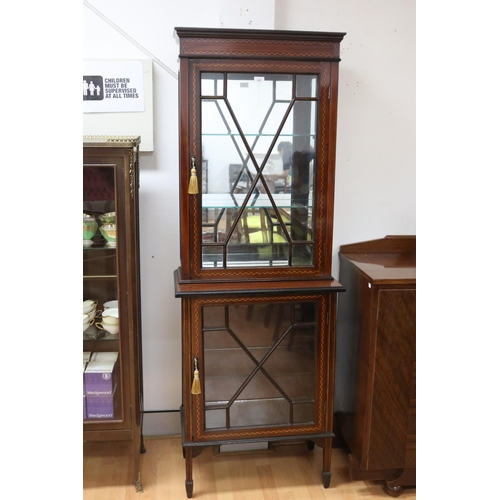 242 - Antique Edwardian inlaid checkered banded two height display cabinet, Georgian style glazed doors, a... 