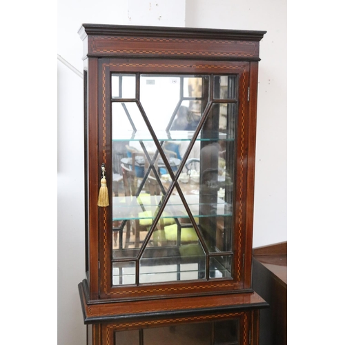 242 - Antique Edwardian inlaid checkered banded two height display cabinet, Georgian style glazed doors, a... 