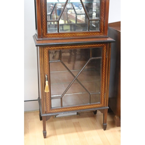 242 - Antique Edwardian inlaid checkered banded two height display cabinet, Georgian style glazed doors, a... 