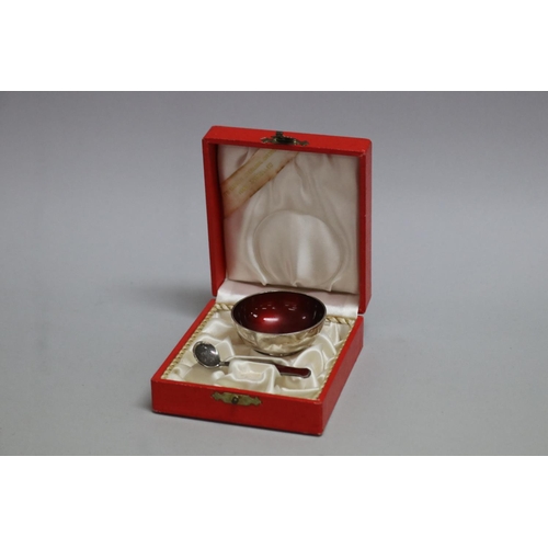 296 - Meka, Danish silver and red enamel salt cellar and spoon, in presentation case c 1950