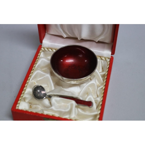 296 - Meka, Danish silver and red enamel salt cellar and spoon, in presentation case c 1950