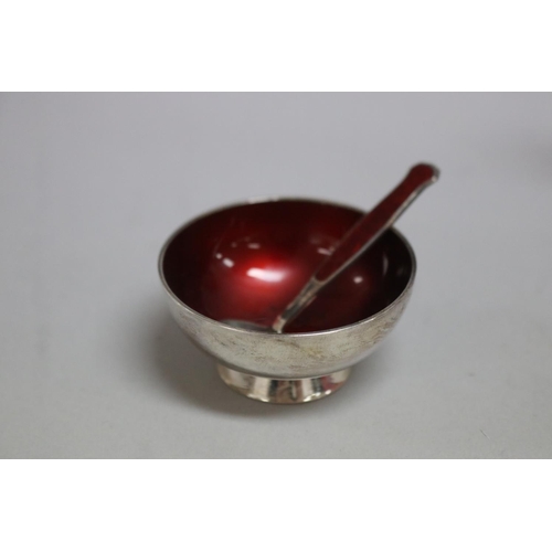 296 - Meka, Danish silver and red enamel salt cellar and spoon, in presentation case c 1950