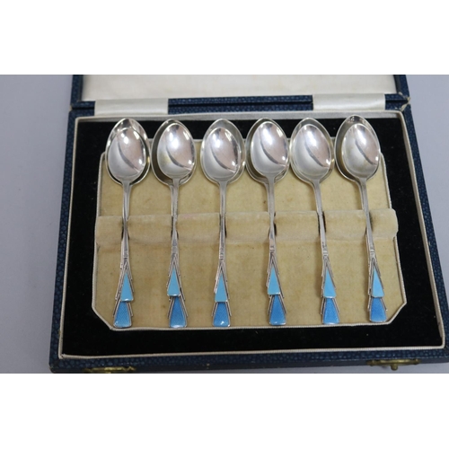 299 - Hallmarked sterling silver set of six coffee spoons and a set of six teaspoons, both sets enamelled,... 