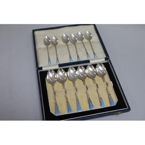299 - Hallmarked sterling silver set of six coffee spoons and a set of six teaspoons, both sets enamelled,... 