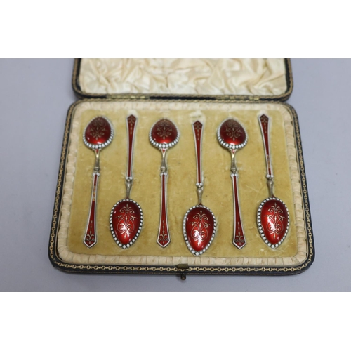 300 - Set of six antique gilt silver and red and white enamelled teaspoons, Birmingham 1896-97, with some ... 