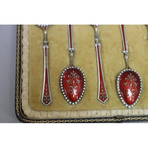 300 - Set of six antique gilt silver and red and white enamelled teaspoons, Birmingham 1896-97, with some ... 