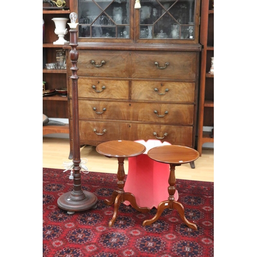 329 - Two mahogany wine tables & a standard lamp (AF), lamp approx 142cm H (excluding bulb & shade) & tabl... 