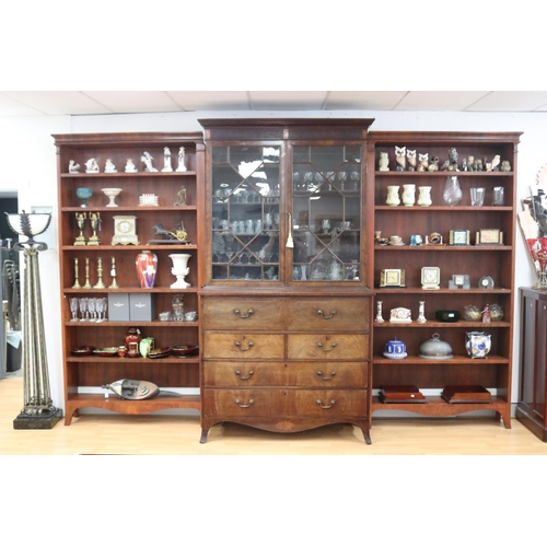 Antique English George III faded mahogany inlaid sectretaire bookcase of larger portions, along with a pair of side mounted (removable) custom made open shelf bookcases, total approx 254cm H x 388cm W x 63cm D & secretaire only approx 254cm H x 140cm W x 63cm D
