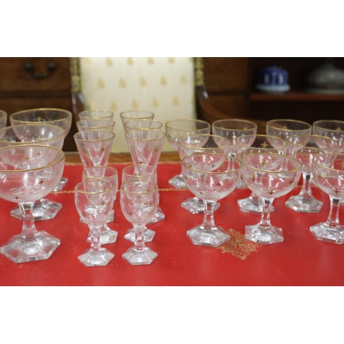 191 - Part suite of antique French gilt highlighted star pattern glassware