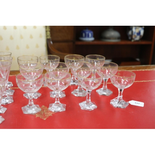 191 - Part suite of antique French gilt highlighted star pattern glassware