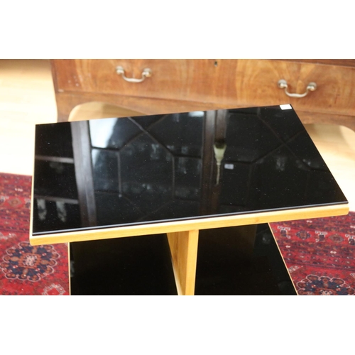 338 - Bed side table with black glass shelves & three drawers, approx 72cm H x 61cm W x 36cm D