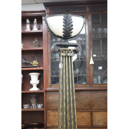 159 - Art Deco style wrought iron standard lamp in the form of an ionic column supporting an urn, untested... 