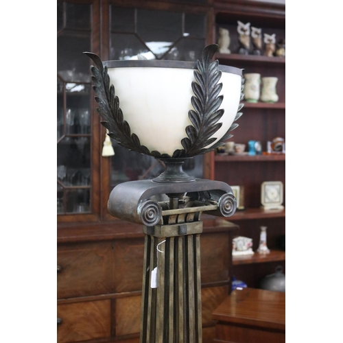 159 - Art Deco style wrought iron standard lamp in the form of an ionic column supporting an urn, untested... 