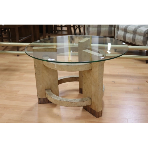 221 - Art Deco circular walnut coffee table with glass top, approx 47cm H x 76cm Dia