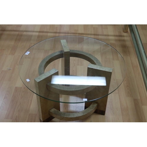 221 - Art Deco circular walnut coffee table with glass top, approx 47cm H x 76cm Dia