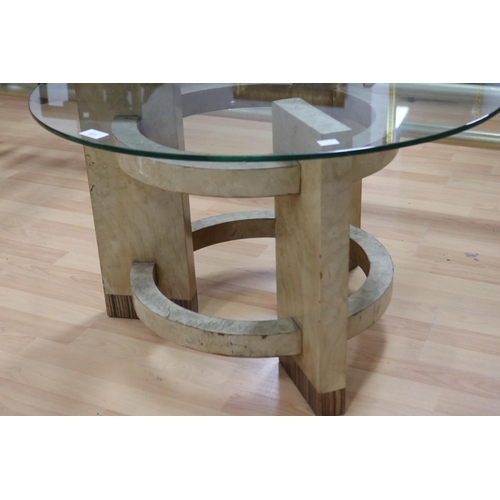 221 - Art Deco circular walnut coffee table with glass top, approx 47cm H x 76cm Dia