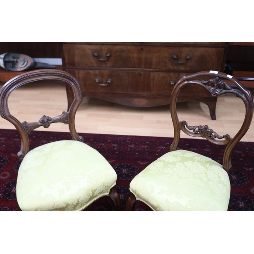 222 - Two similar Victorian walnut balloon back chairs in yellow damask upholstery (2)