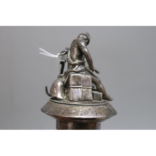 291 - Continental silver circular ink stand surmounted by a figure of Mercury, seated on a bale inscribed ... 
