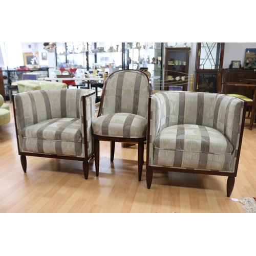 323 - Pair of Art Deco style tub chairs on turned legs in geometric pattern velvet upholstery & a similar ... 