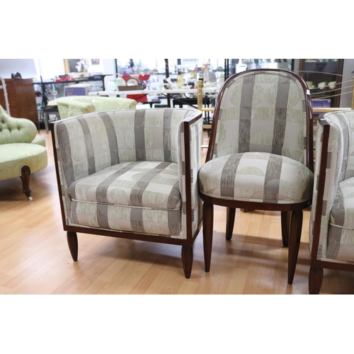 323 - Pair of Art Deco style tub chairs on turned legs in geometric pattern velvet upholstery & a similar ... 