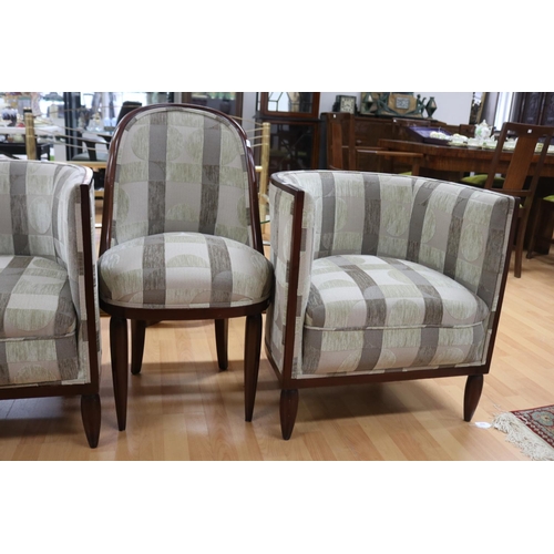 323 - Pair of Art Deco style tub chairs on turned legs in geometric pattern velvet upholstery & a similar ... 