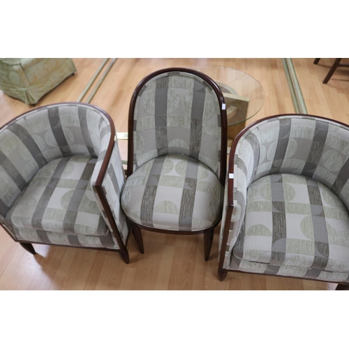 323 - Pair of Art Deco style tub chairs on turned legs in geometric pattern velvet upholstery & a similar ... 