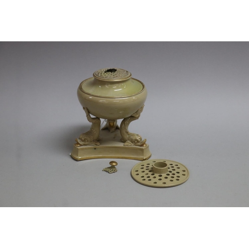 102 - Antique Wedgwood pastel burner on dolphin supports, ex Zeitlin Collection 2006, AF, approx 13cm H