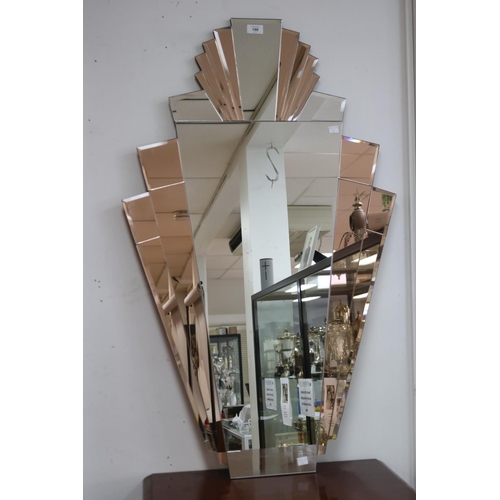 199 - Art Deco style apricot and clear glass fan mirror, approx 107cm H x 66cm W