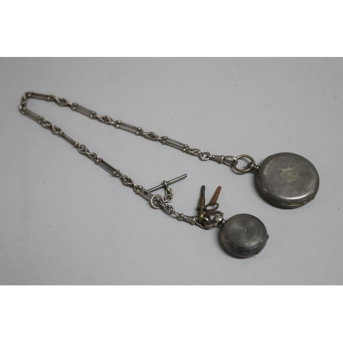 269 - Hall marked silver fob chain, silver pocket watch & silver sovereign case and two watch keys, untest... 