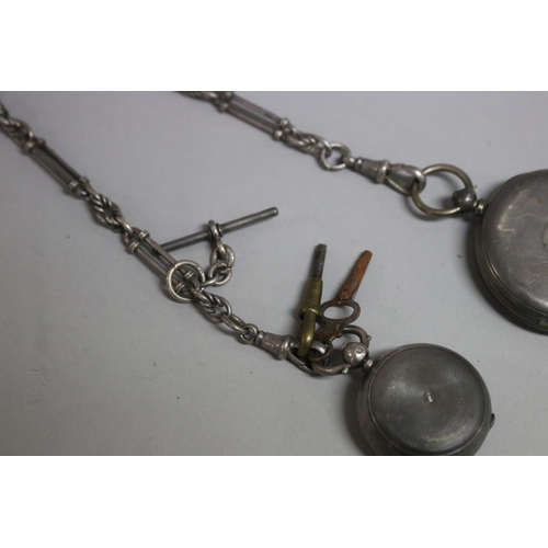 269 - Hall marked silver fob chain, silver pocket watch & silver sovereign case and two watch keys, untest... 