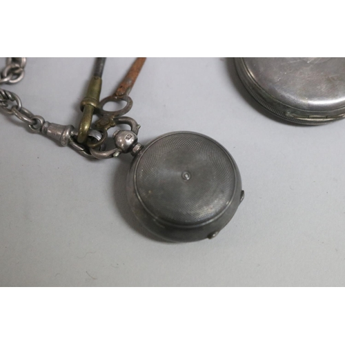 269 - Hall marked silver fob chain, silver pocket watch & silver sovereign case and two watch keys, untest... 