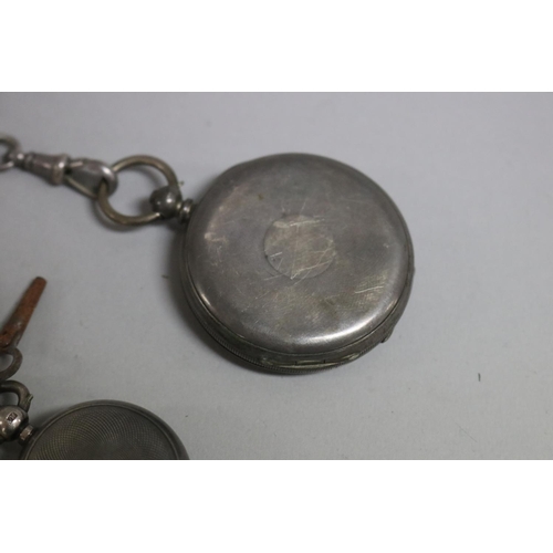 269 - Hall marked silver fob chain, silver pocket watch & silver sovereign case and two watch keys, untest... 