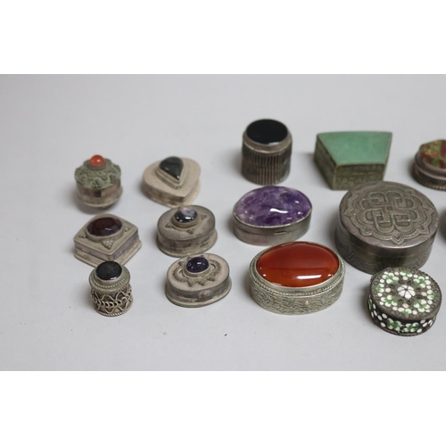 272 - Collection of small Indian silver trinket boxes, some set with semi precious stones, approx 5cm W an... 