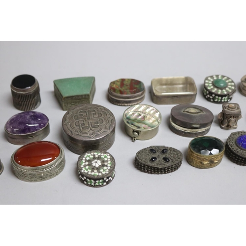 272 - Collection of small Indian silver trinket boxes, some set with semi precious stones, approx 5cm W an... 