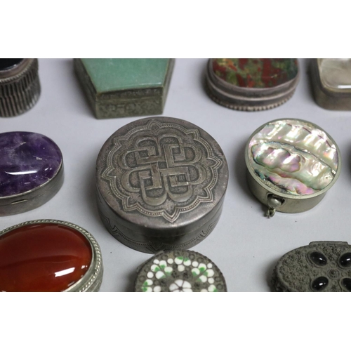 272 - Collection of small Indian silver trinket boxes, some set with semi precious stones, approx 5cm W an... 