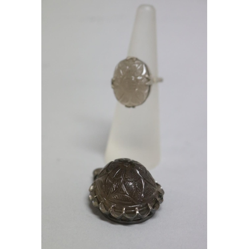 276 - Carved smokey quartz pendant and ring (2)