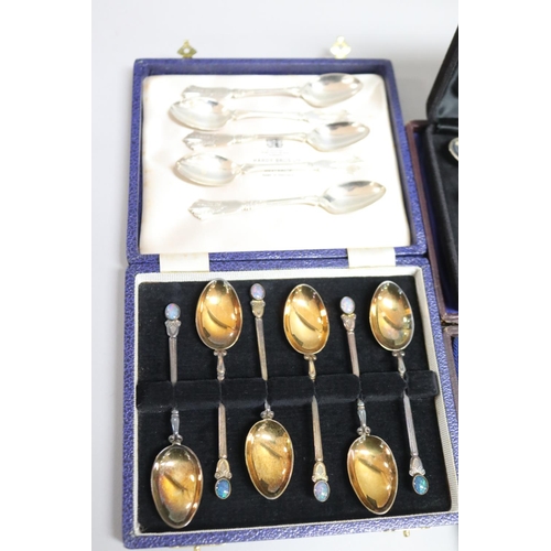 279 - Quantity of silver & plated coffee spoons including a set with opal finials & others