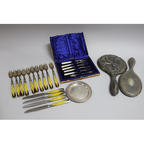 295 - Art Deco cake forks & knives with geometric handles, another part set of pickle forks & two silver b... 