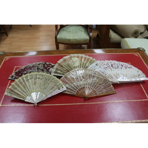 302 - Group of five sequin decorated fans, some with mother of pearl (5)