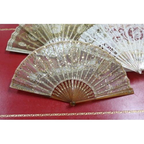 302 - Group of five sequin decorated fans, some with mother of pearl (5)