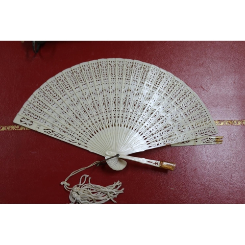 303 - Novelty fan set with a four leaf clover, a tortoiseshell fan, an ivorine fan and an ivory fan with s... 