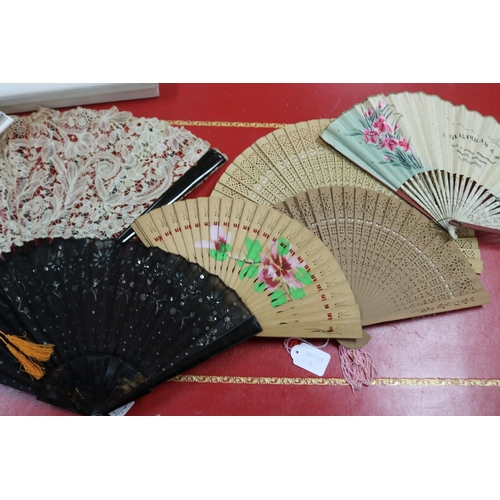 306 - French lace fan in original case, another tortoiseshell fan decorated with sequins & a collection of... 