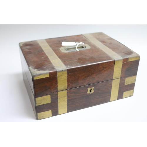 91 - Victorian Rosewood and brass bound toilet box with silver plate fittings, approx 30cm L x 22.5cm W x... 