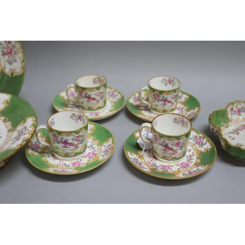 95 - Mintons Pheasant four coffee cans and saucers, comport, plate and bowl with green borders (7)