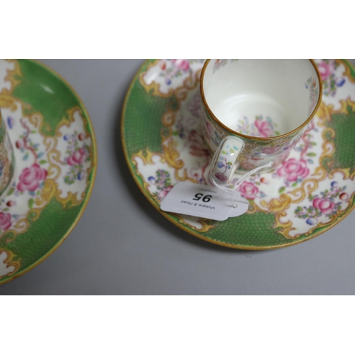 95 - Mintons Pheasant four coffee cans and saucers, comport, plate and bowl with green borders (7)
