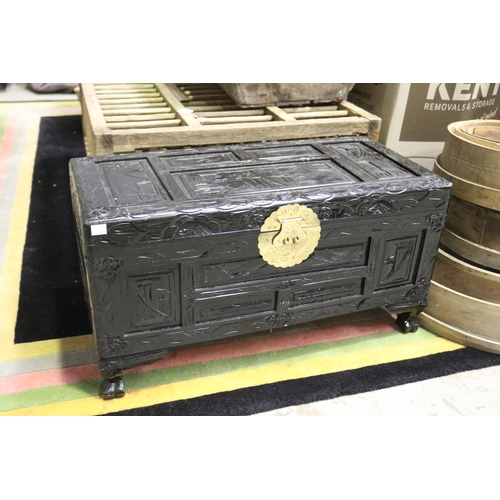 5007 - Black painted oriental trunk, approx 36cm H x 69cm W x 33cm D