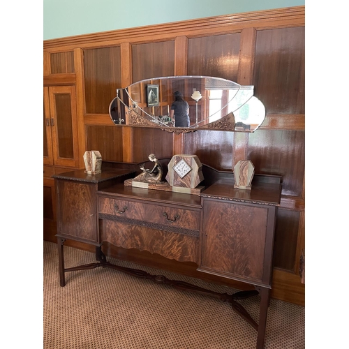 5031 - Vintage English mahogany stepped design sideboard, central long drawers, stretchers below, approx 99... 